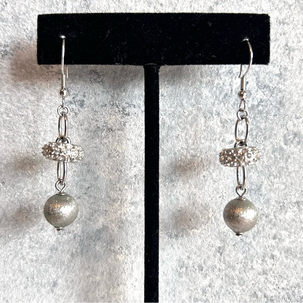 Silver Dangle Earrings with Spherical Hovering Pave Crystal Bead 2.5”